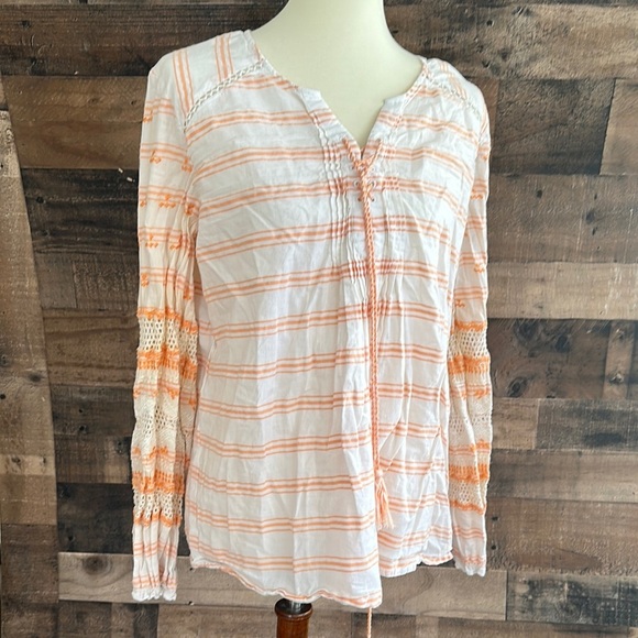 Sundance White and Orange Buttoned Blouse with Mandarin Collar - Picture 1 of 3